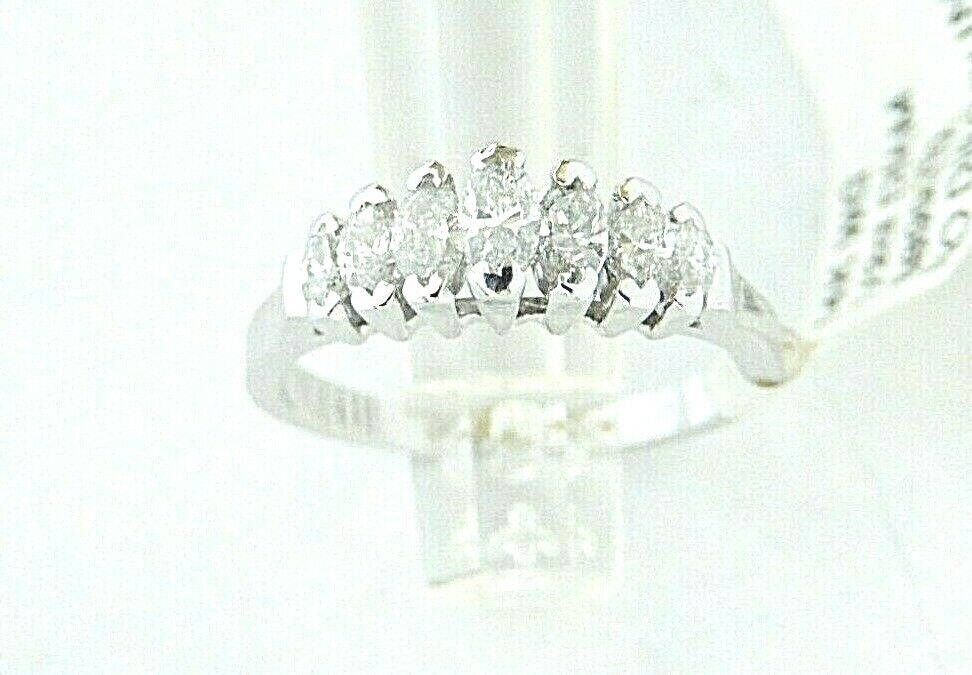 *VINTAGE* 14K White Gold .50CT Marquise Natural 7 Diamond Wedding Ring Sz 6.5