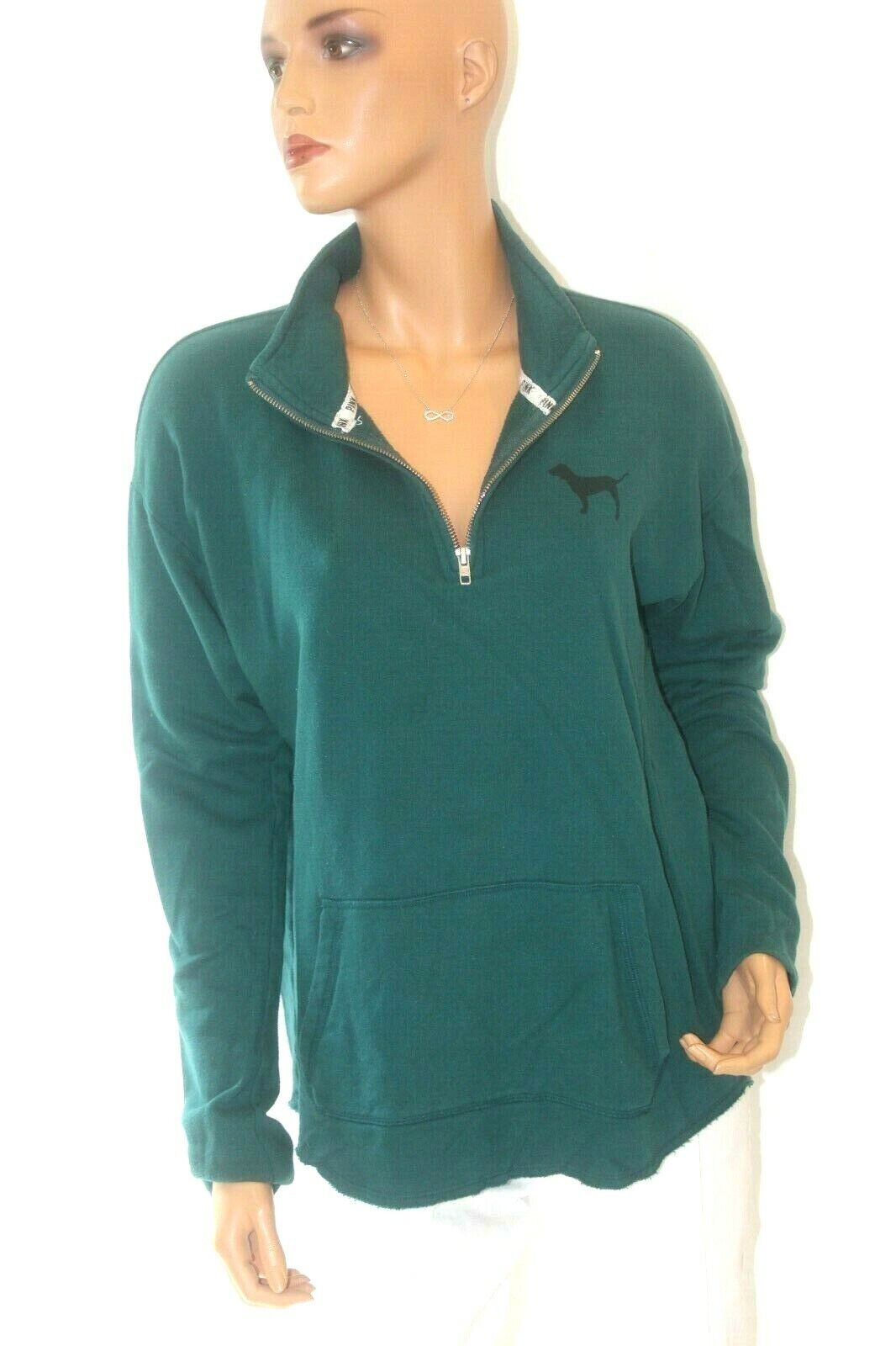 Victorias Secret Embroidered Pink 1/4 Zip Pullover Fleece Green Jacket Sz Medium