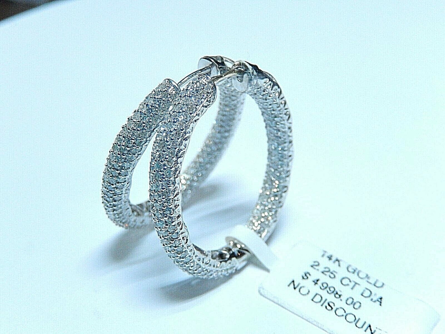 New Large 14k WG 2.25tcw Natural Diamond Inside/Outside Hoop Earrings 1 1/8"