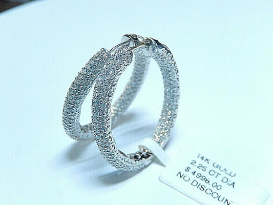 New Large 14k WG 2.25tcw Natural Diamond Inside/Outside Hoop Earrings 1 1/8"