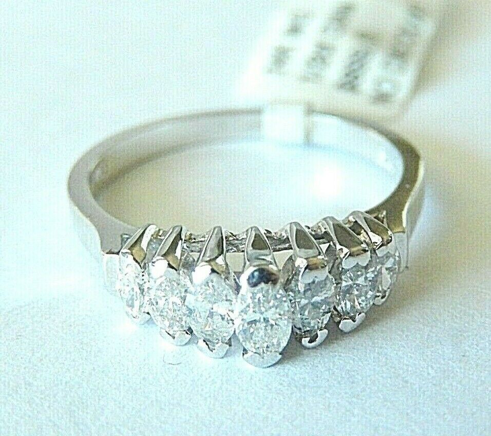 *VINTAGE* 14K White Gold .50CT Marquise Natural 7 Diamond Wedding Ring Sz 6.5