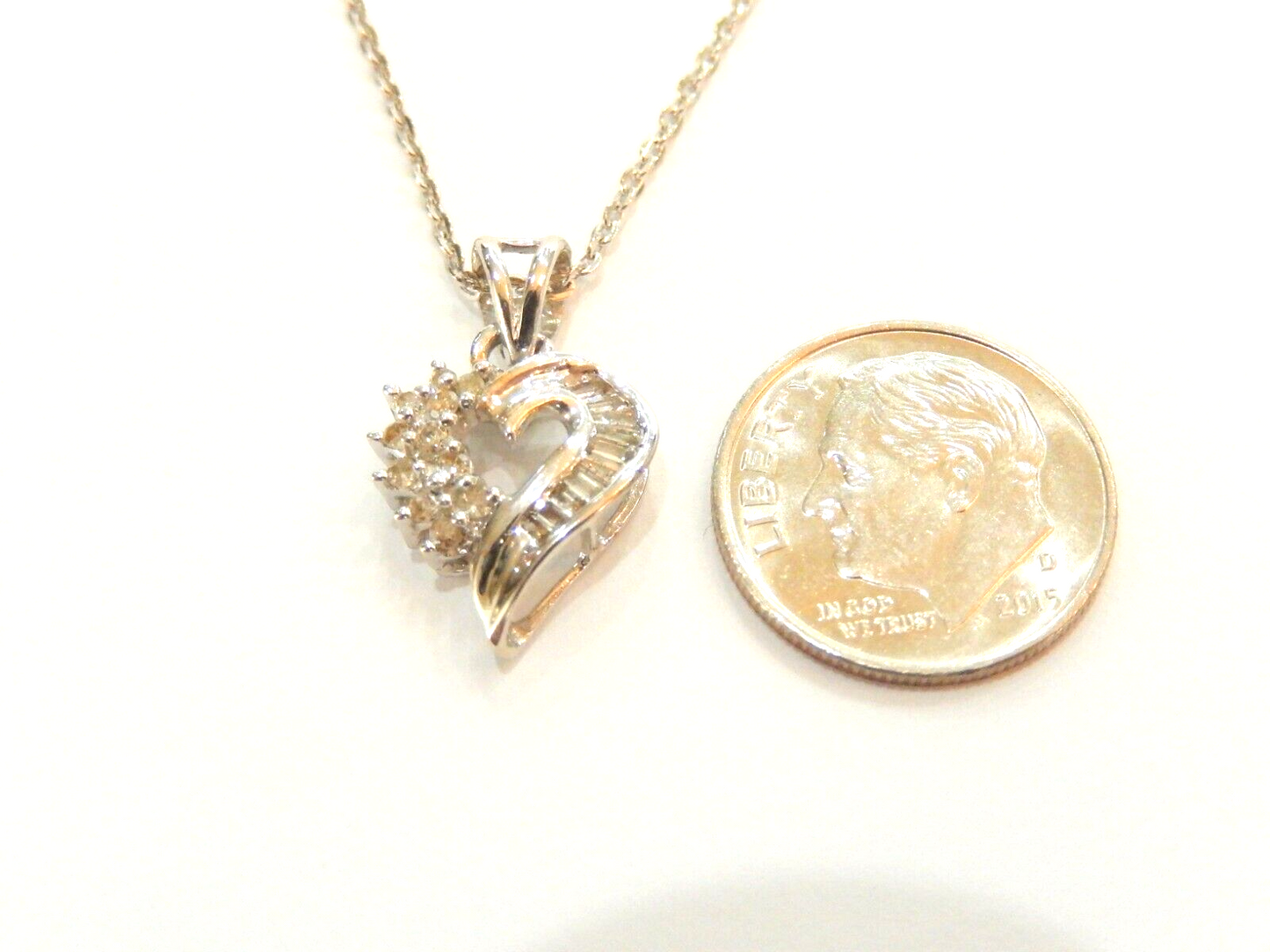 10K White Gold  .25ct Natural Round & Baguette Diamond Heart Pendant w/18" Chain