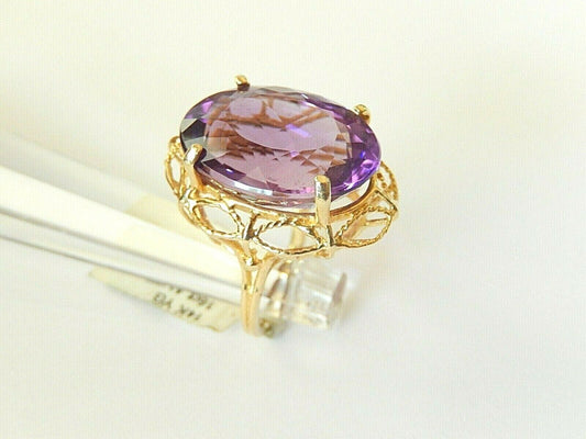 *VINTAGE*  14k Yellow Gold Vibrant Purple 16CT Oval Amethyst Filigree Ring Sz 7
