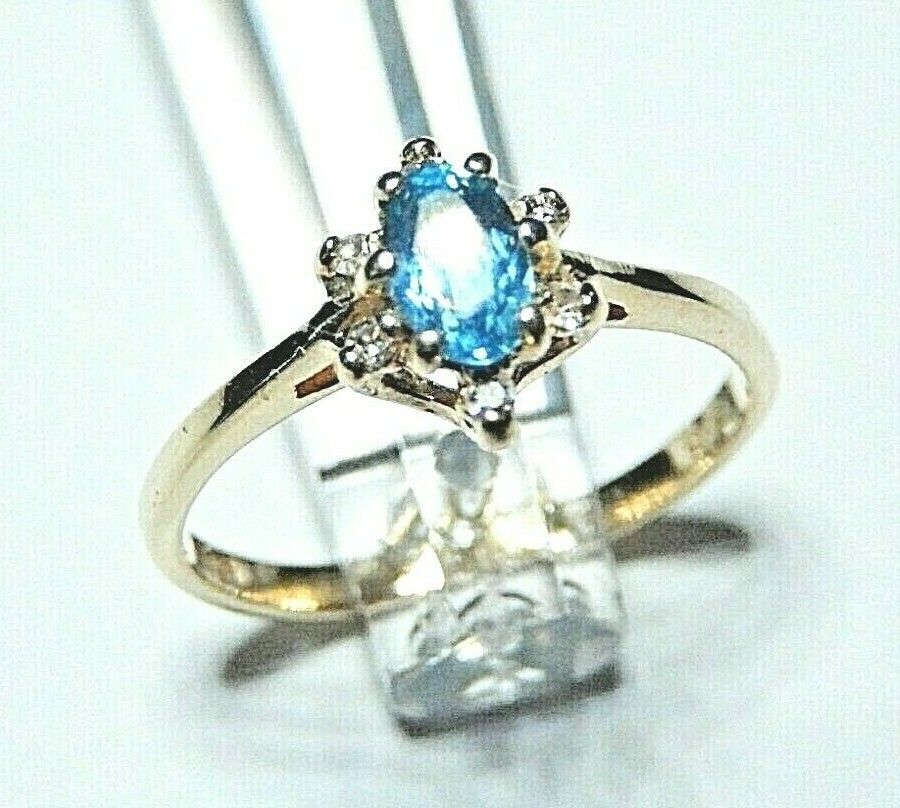 *NEW*  14K Yellow Gold Oval London Blue Topaz & Diamond  Halo Ring Size 6.5