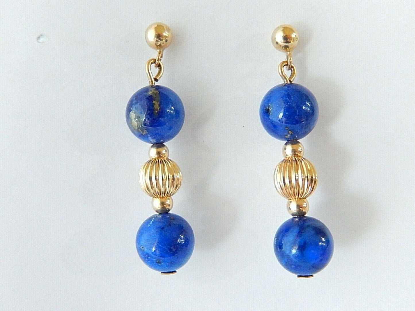 *VINTAGE* 14K Solid Yellow Gold 8mm Lapis Lazuili & Gold Round Bead Earrings