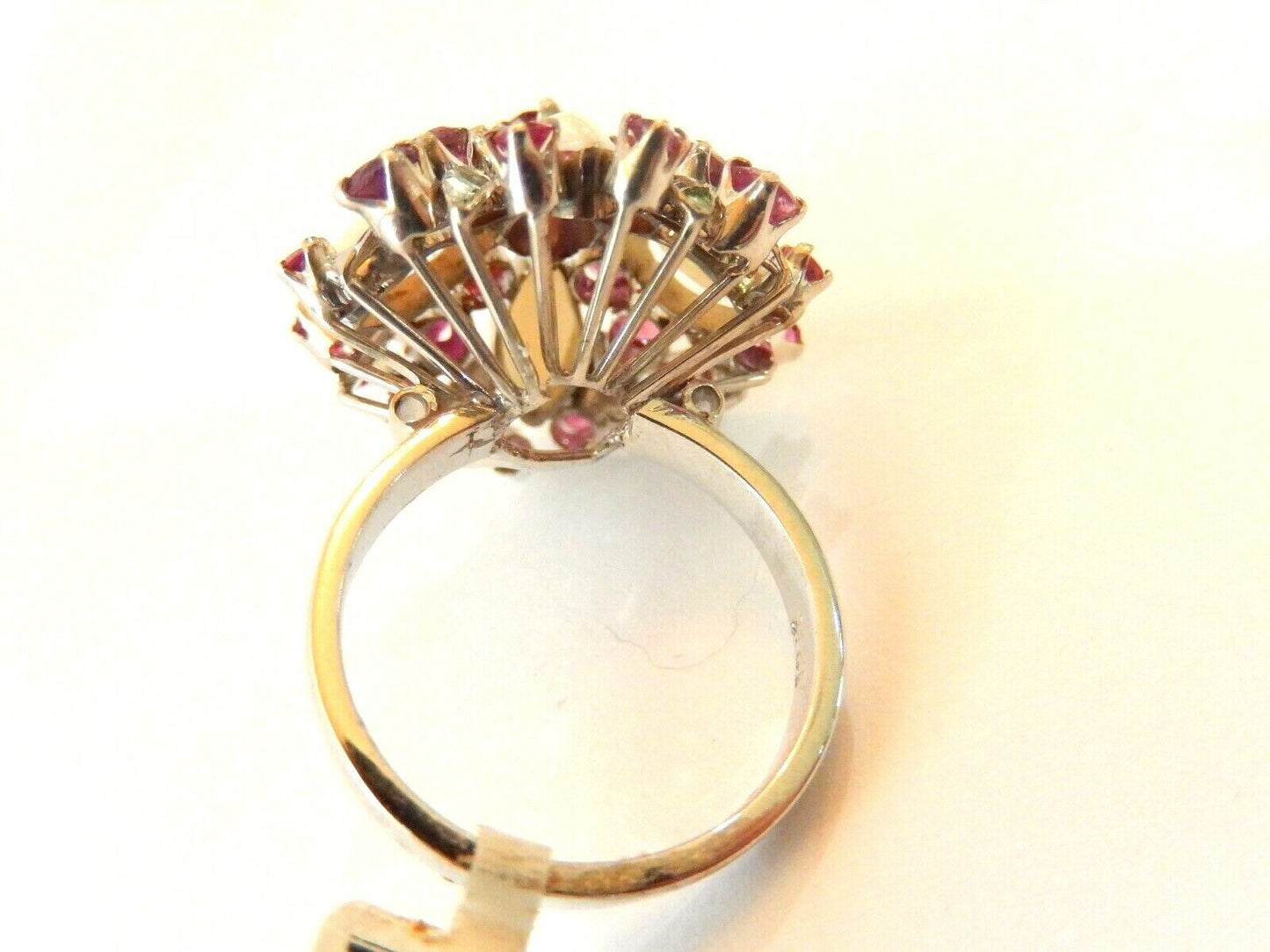 *Vintage* 12k White Gold Natural Opal & Ruby Harem Ballerina Ring size 6.5