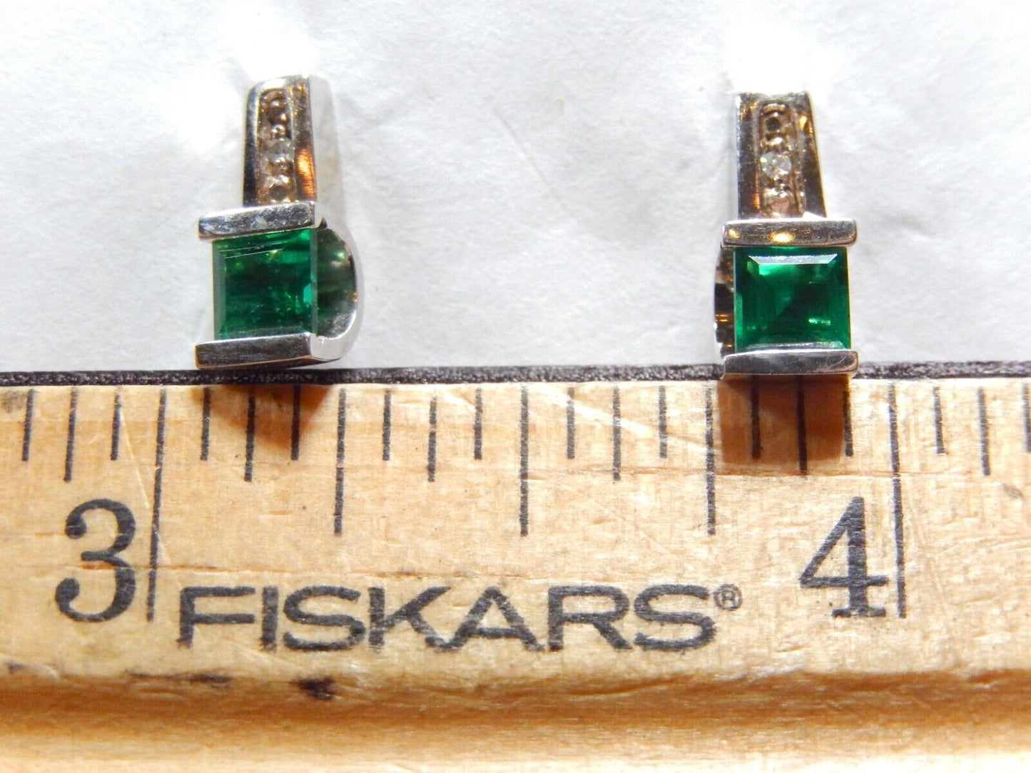 *VINTAGE*  10k White Gold Lab Created Emerald and Diamond Earrings