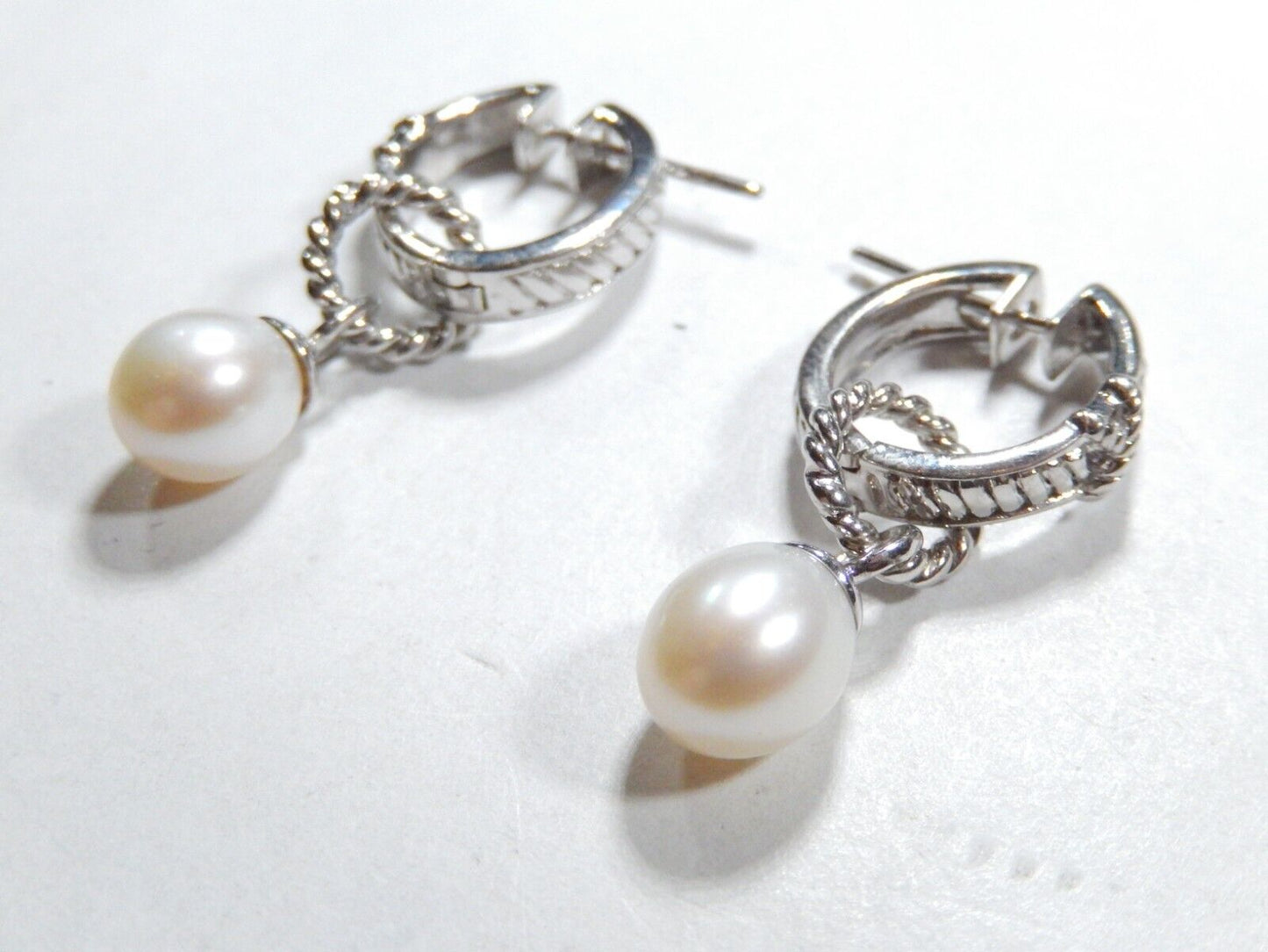 Sterling Silver 9mm x 8mm Oval Cultured Pearl 16mm Oval Hoop Dangle Earrings