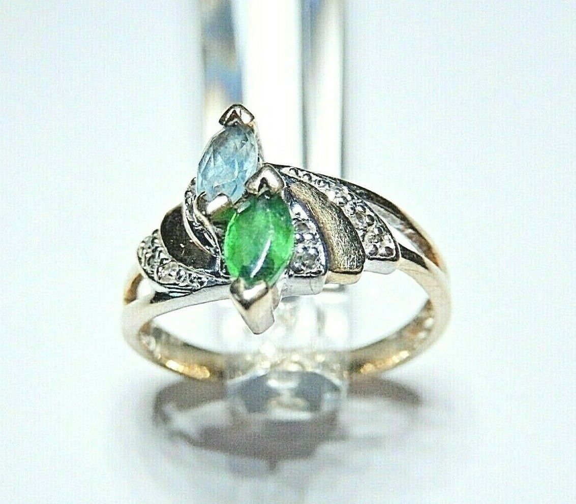 *VINTAGE* 10k Yellow Gold Marquise Blue Topaz & Emerald Ring With Diamonds 6.25