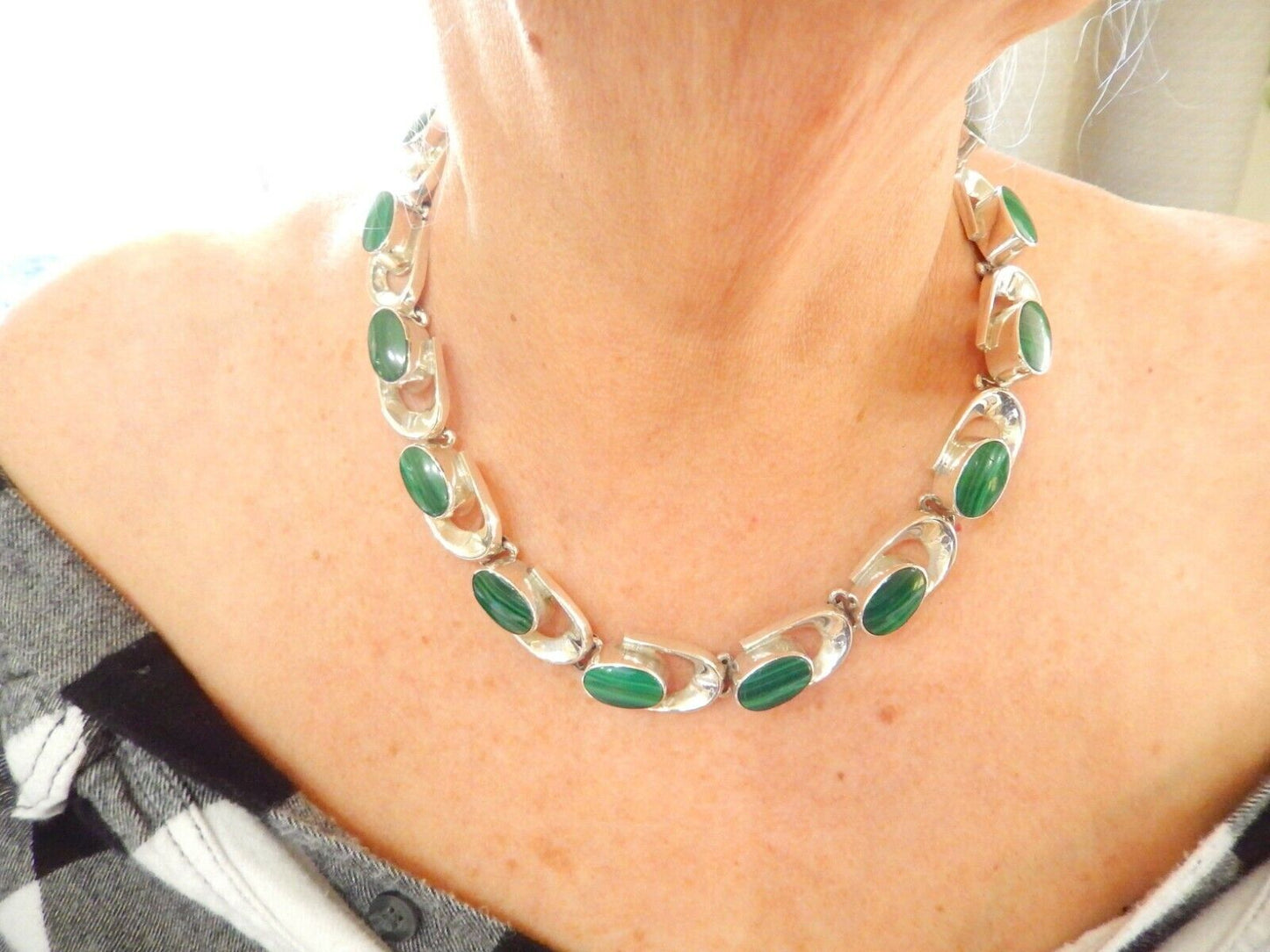 *RARE* VINTAGE HEAVY 175g TC-79 TAXCO 925 STERLING  MALACHITE LINK NECKLACE 18”