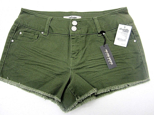 NWT Refuge Denim Mid Rise Shortie Shorts Olive Green Fringe Hem Size 4 x 2"L