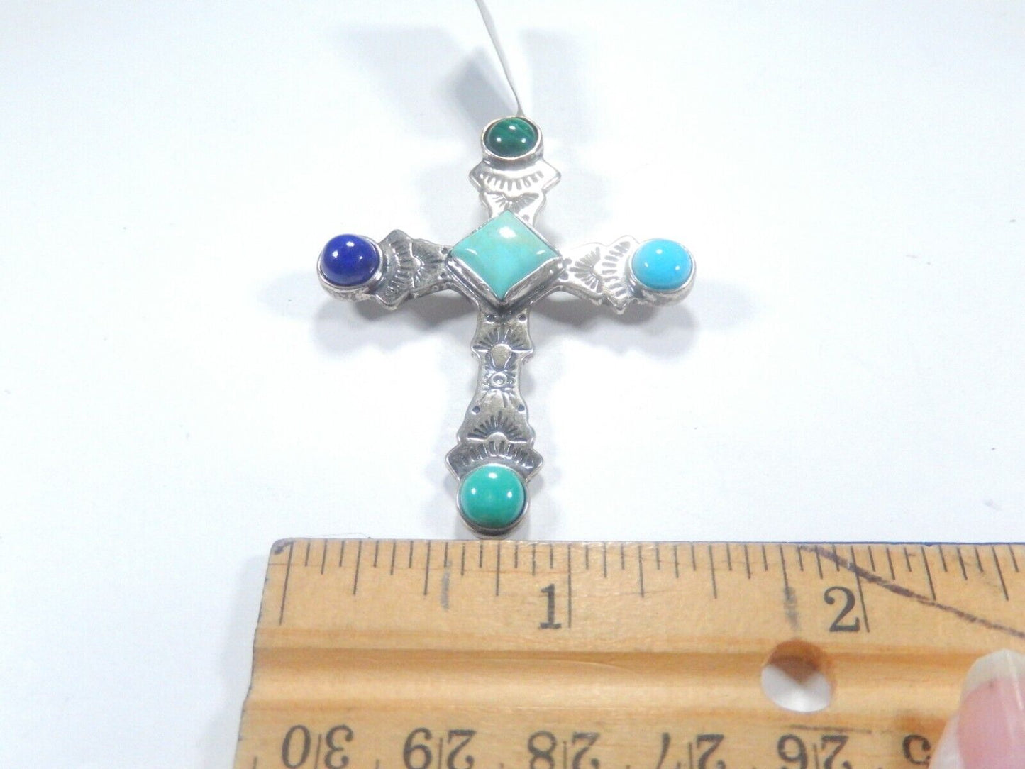 *VINTAGE*  STERLING SILVER MULTI GEMSTONE STONE CROSS PENDANT 2" x 1.5"