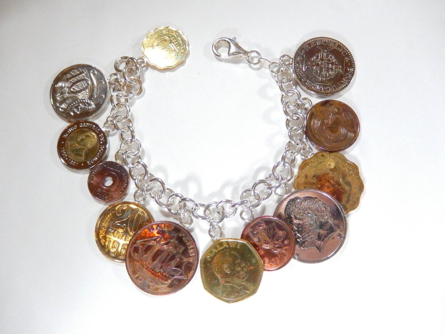*VINTAGE*  Sterling Silver Italy International Coin Bracelet 7” Unique Piece!