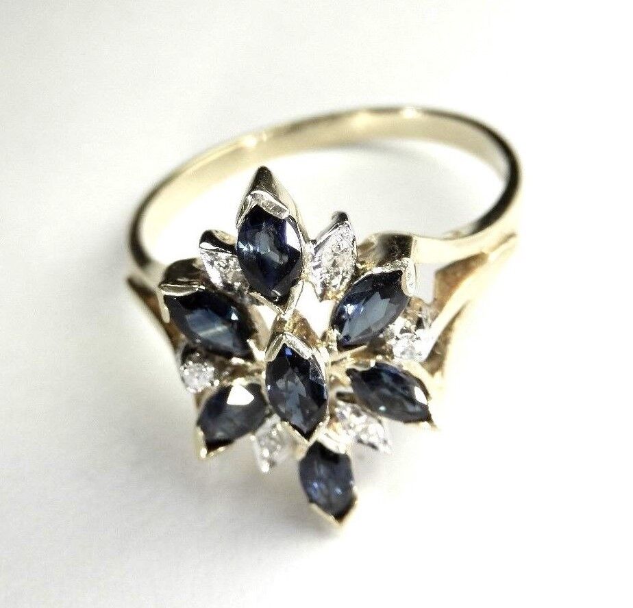 14K Yellow Gold Sapphire Marquise & Diamond Round  Free-Form Cluster Ring Sz 7