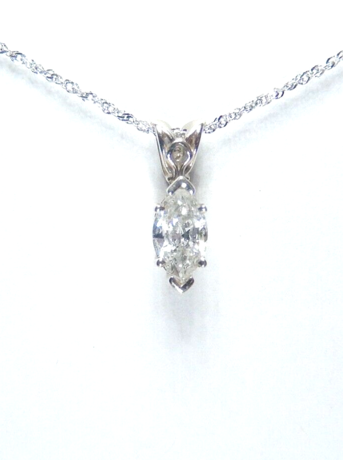 14K White Gold .50 Ct Marquise Cut Natural VS Diamond Solitaire Pendant 18"Chain