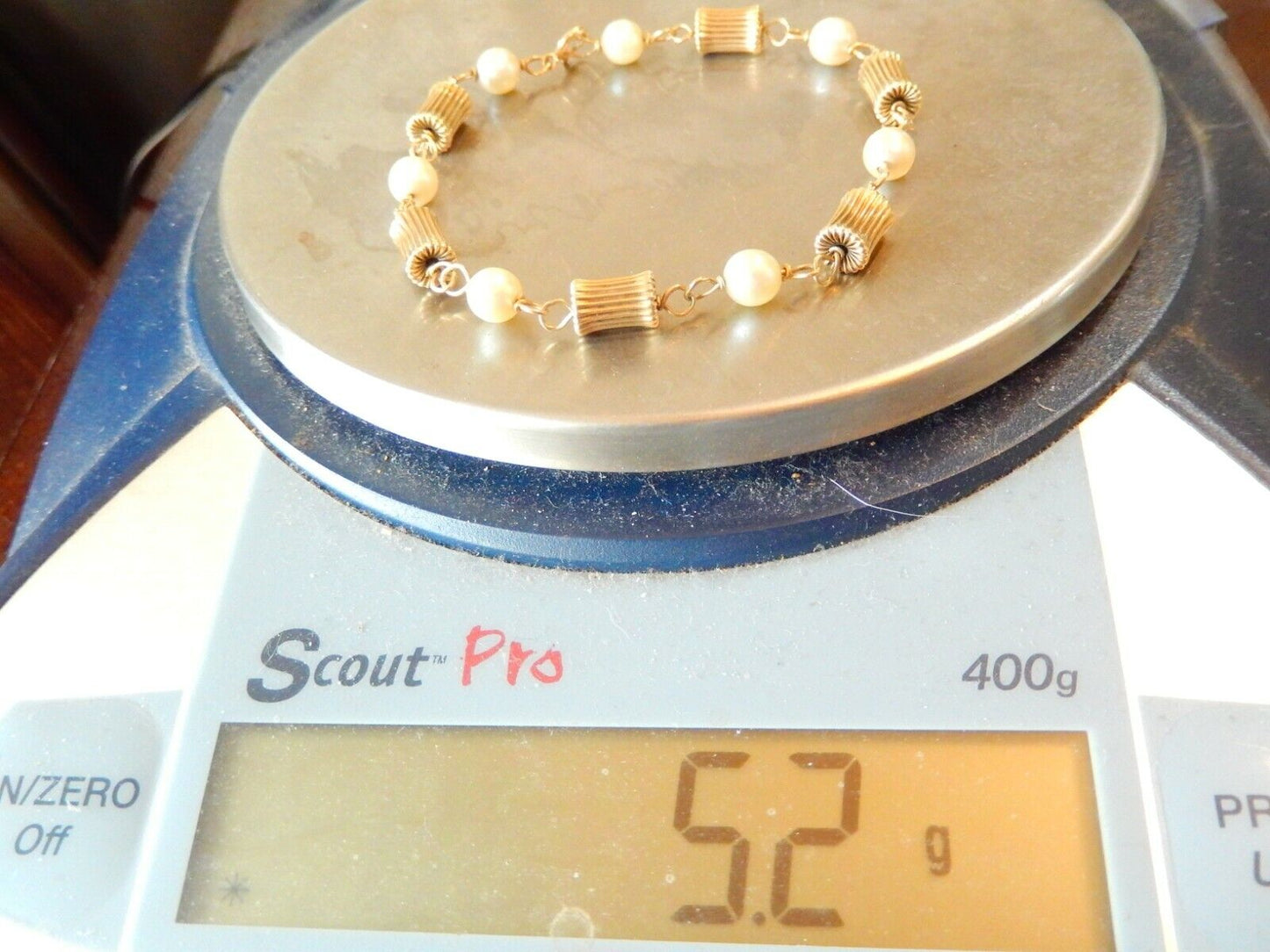 *VINTAGE* 14k Yellow Gold White 6mm Pearl & Grooved Bead  Bracelet 7"