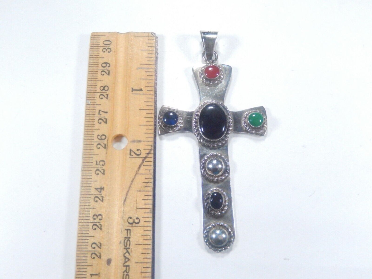 *VINTAGE*  Large Sterling Taxco Mexico Multi Gemstone Cross Pendant 3.5" Tall