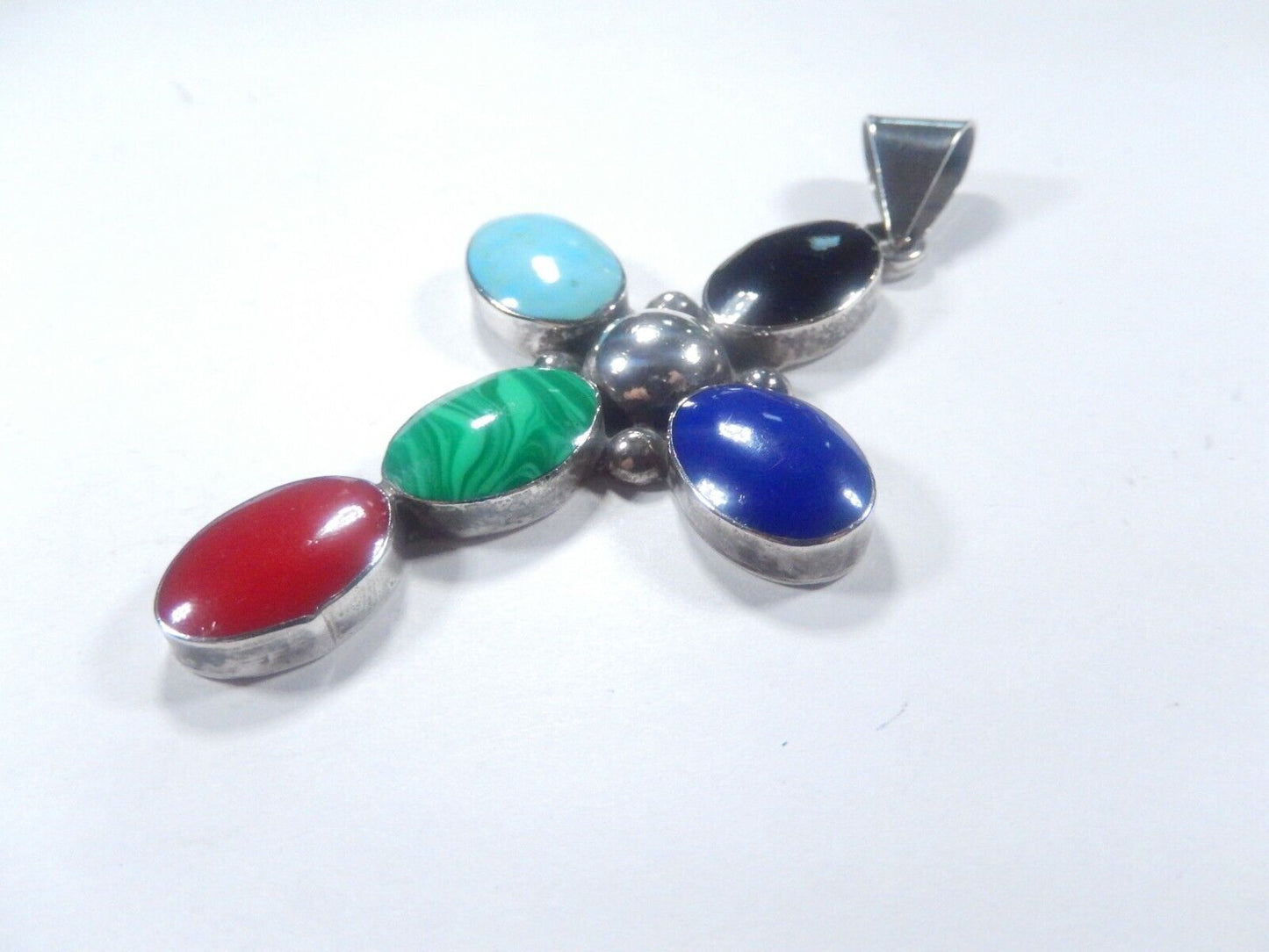 *VINTAGE*  Large Sterling Taxco Mexico Multi Gemstone Cross Pendant 3.5" Tall