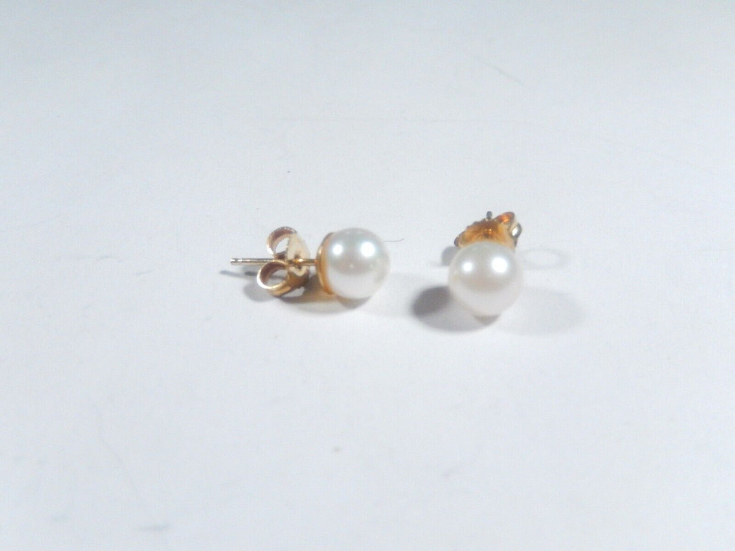 6mm White Round Cultured Pearl Push Back Stud Earrings 14K Yellow Gold