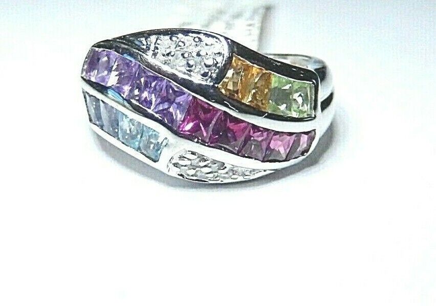 *NWT* 14K White Gold  11mm Wide Multi Gemstone & Diamond Ladies Ring  Size 7