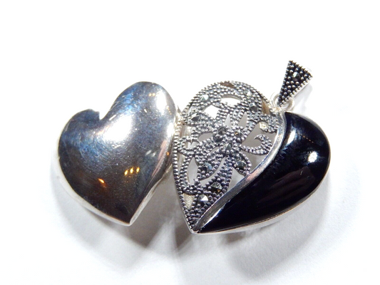 Vintage Sterling Signed 925 Heart Inlay Black Onyx and Marcasite Locket Pendant