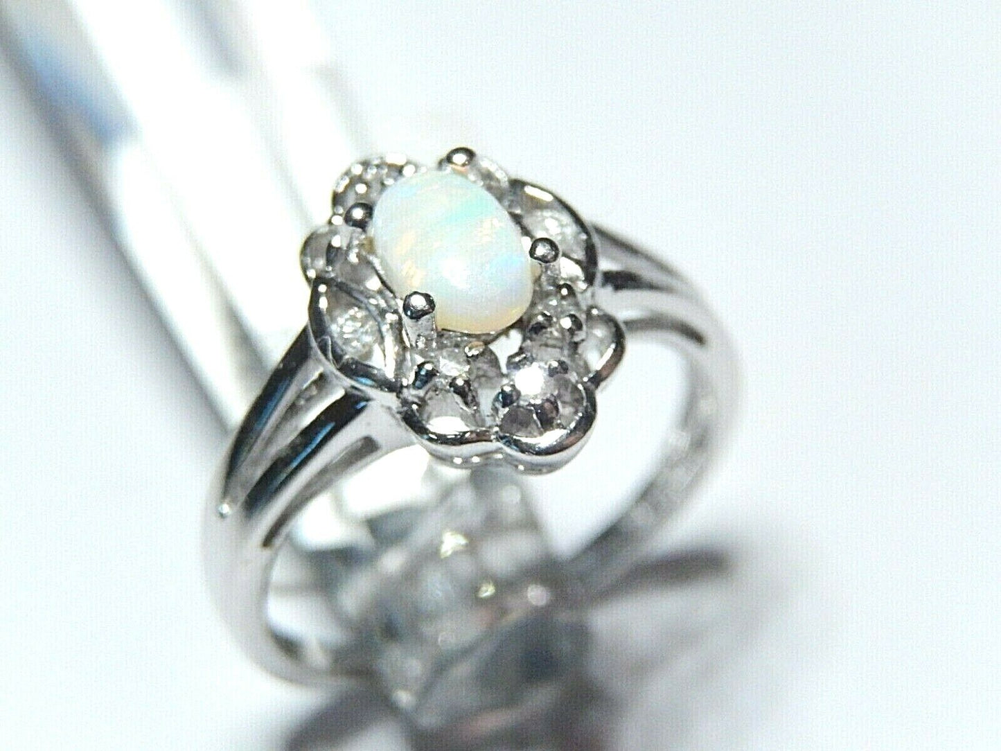 *NWT* 14K White Oval Opal &  Halo Diamond Ladies Ring Size 6.5