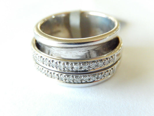 *VINTAGE* Sterling Silver .33CT Double Row Diamond 11mm  Wide Band Ring Size 6.5