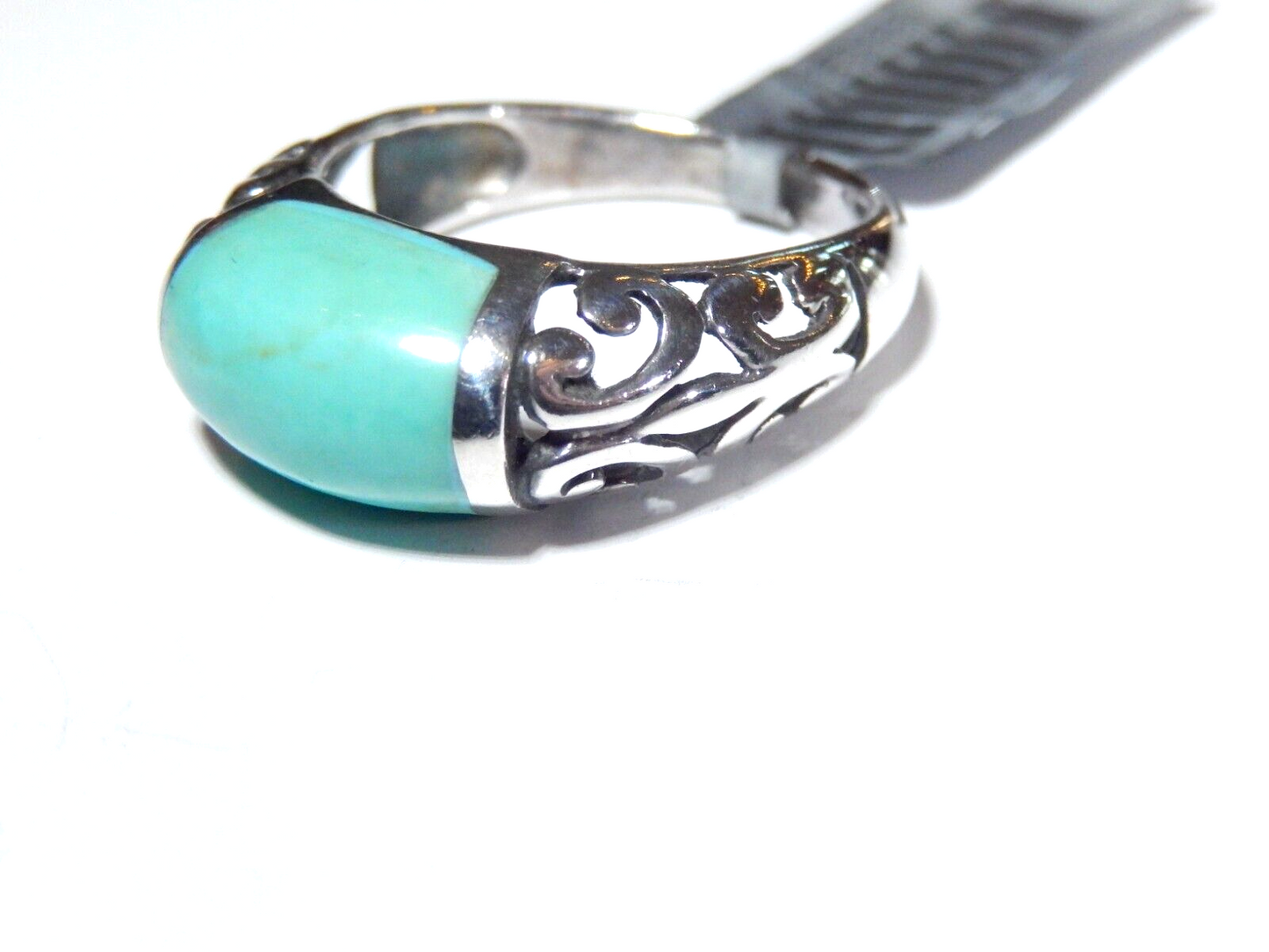 *VINTAGE*  Scroll Design Sterling Silver Inlay Turquoise Ring Size 7.25