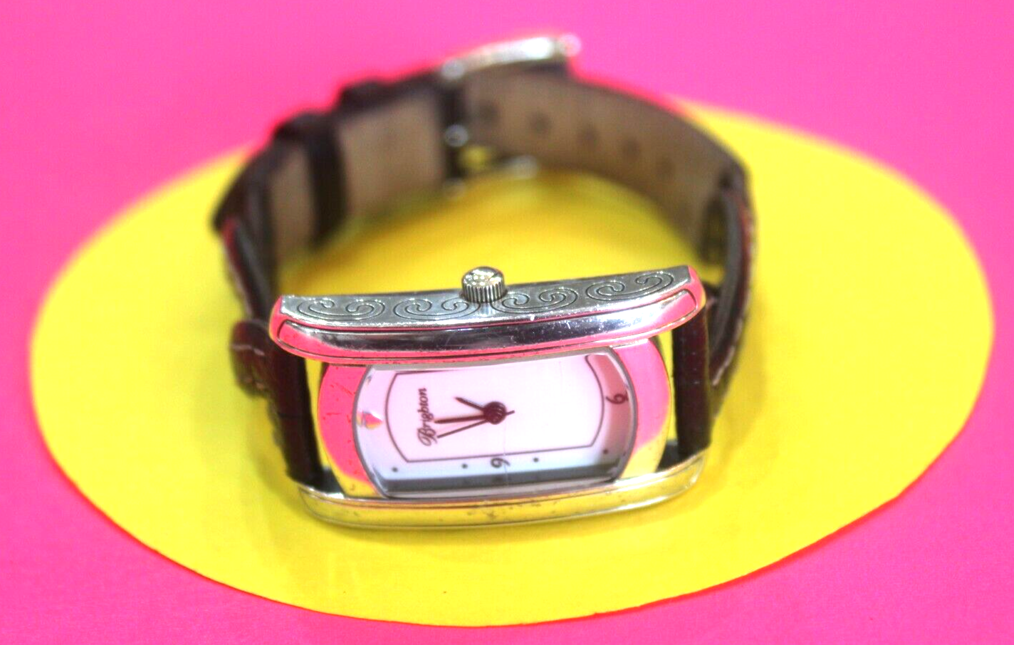 BRIGHTON "Winchester" Silver Plated watch, Black Leather Braided Band/Stitching