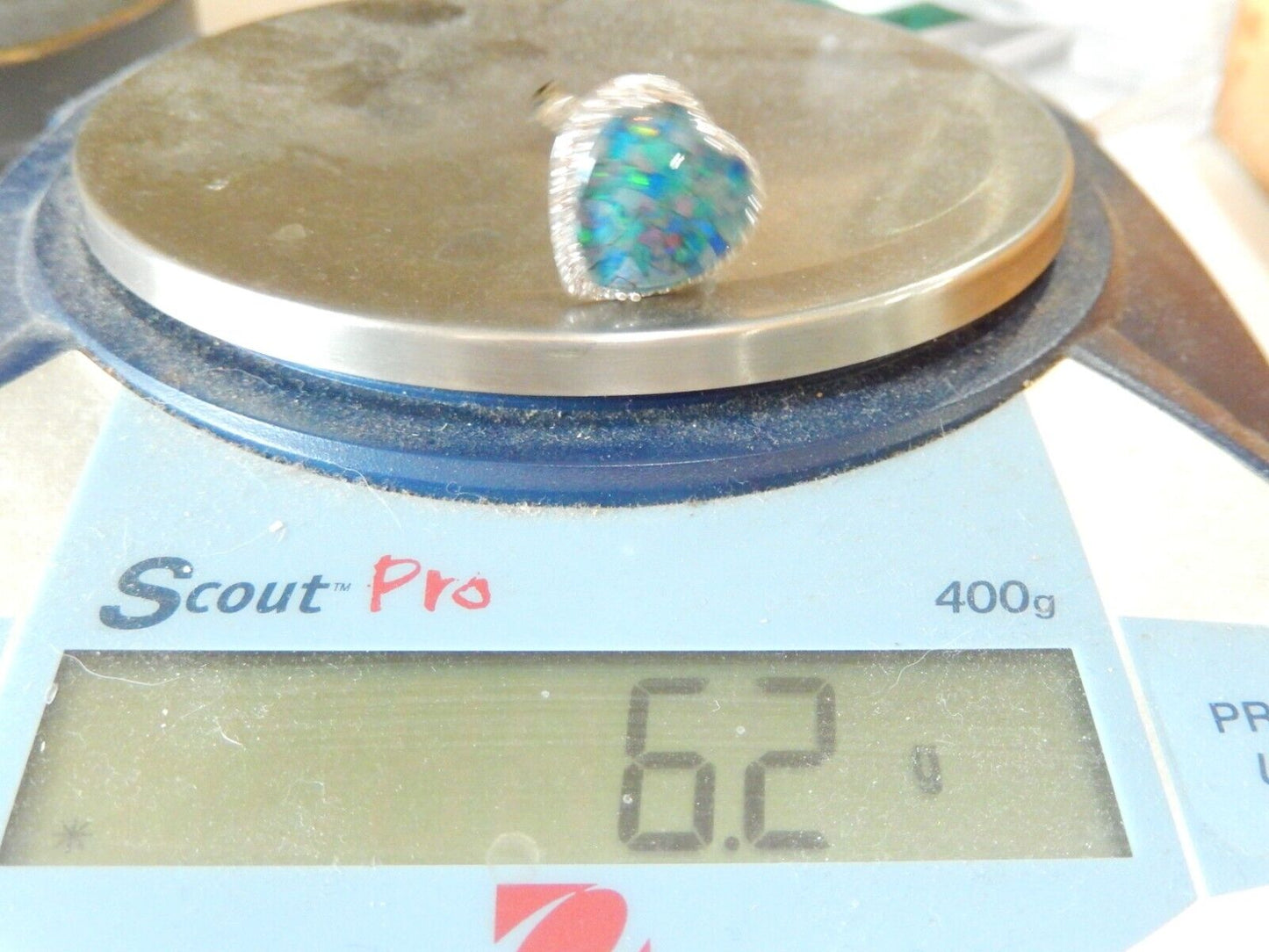 LARGE Blue  Opal Inlay and cz  Heart Ring Sterling Silver 925, size 8