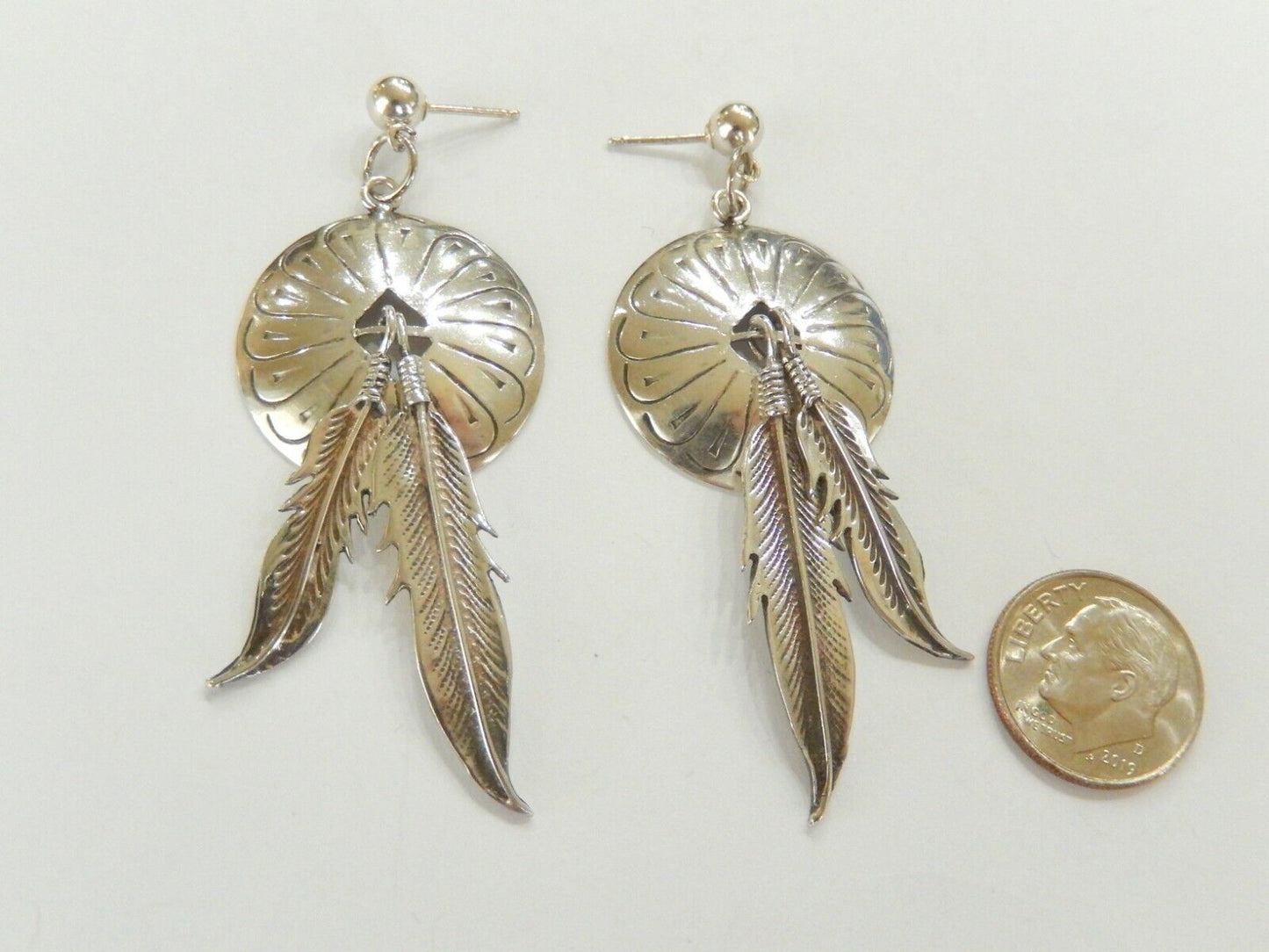 *VINTAGE* Native American Sterling  Concho Pierced Feather Dangle Earrings 2 5/8