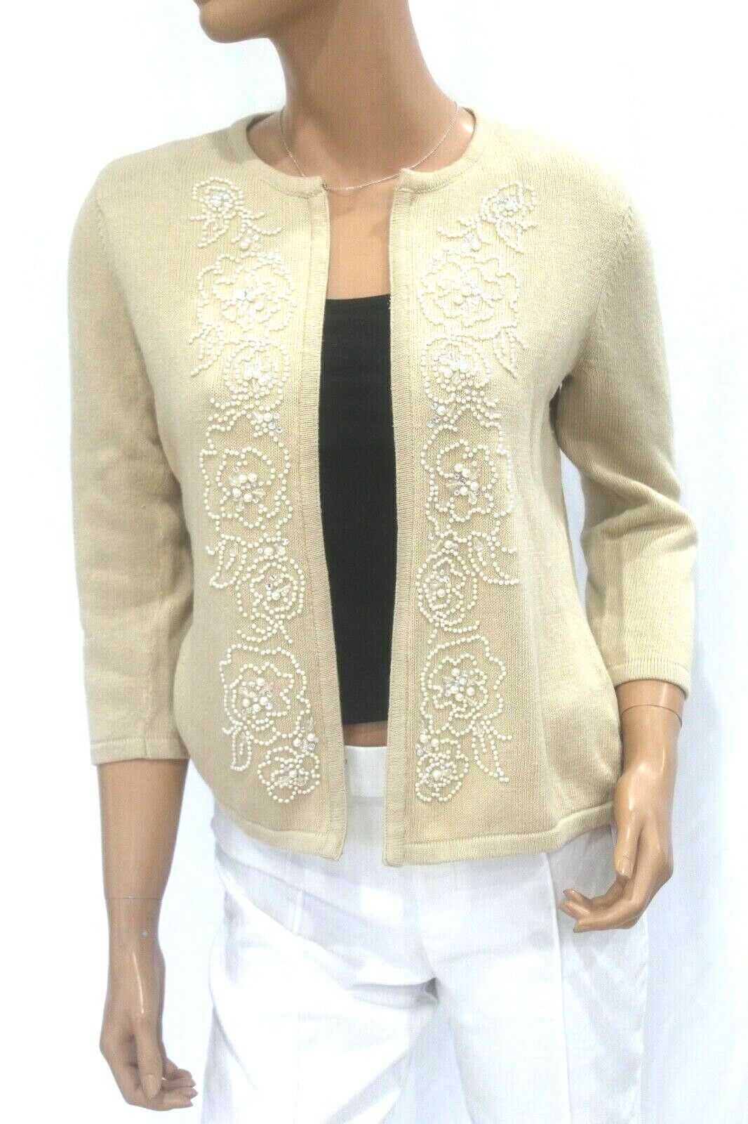 Liz Claiborne Beige Knit  Cardigan Sweater Pearl & Crystal Embellished Sz Med