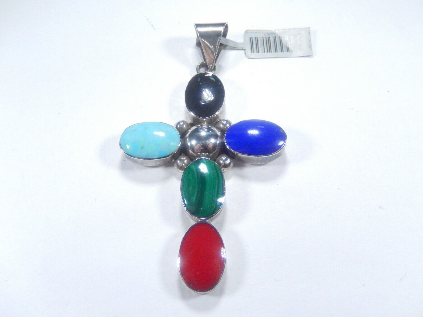 *VINTAGE*  Sterling Taxco Mexico Multi Gemstone Cross Pendant 3.5"  x  1.78"