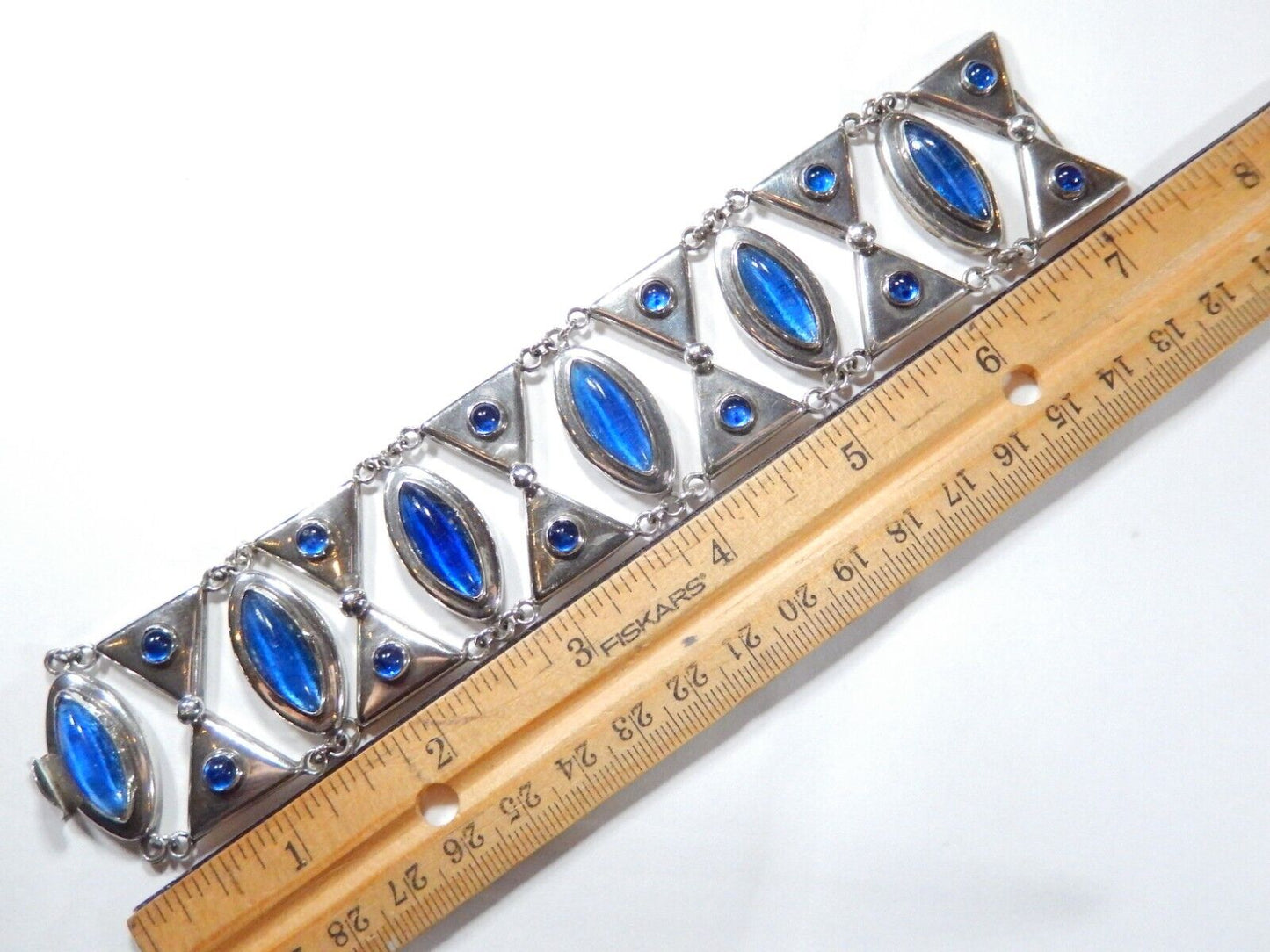 VINTAGE Mexico Sterling Silver Rare Blue Cabochon Cut Glass Panel Bracelet 7.25"