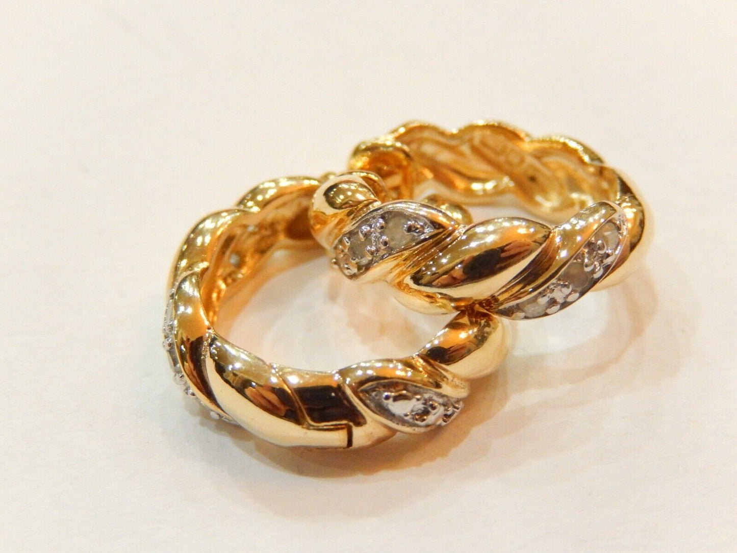 14K Yellow Gold Vermeil  Sterling  Real Diamond Hoop Earrings