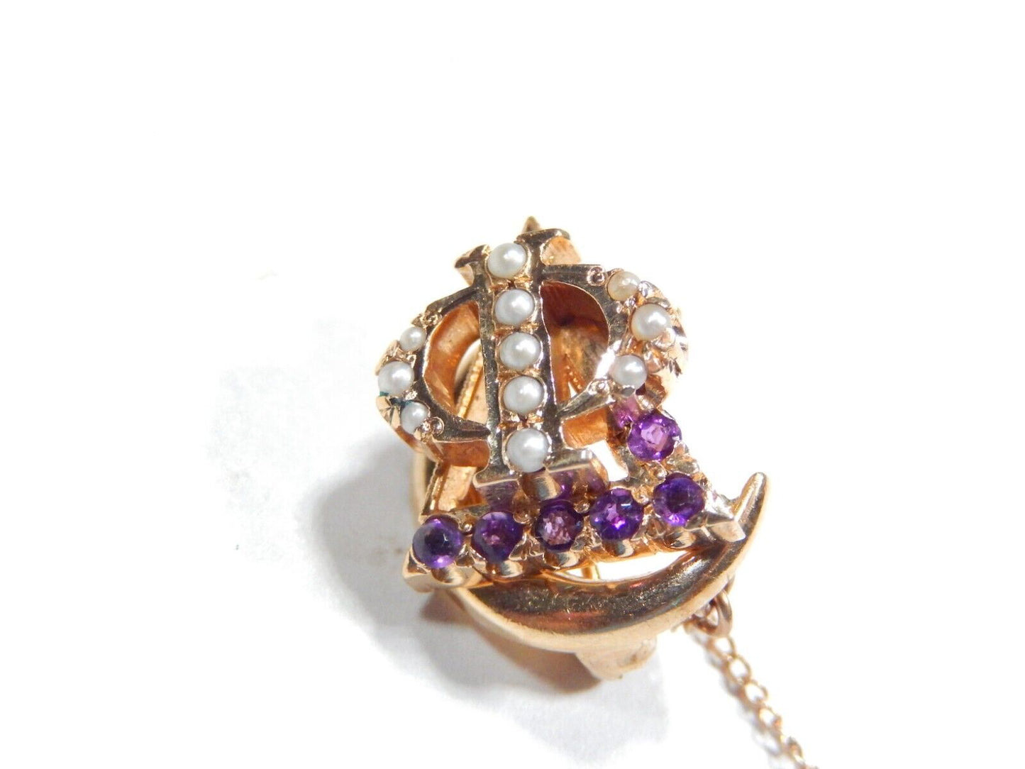 Vintage 10K Solid Yellow Gold Amethyst & Seed Pearls Sorority Pin Brooch