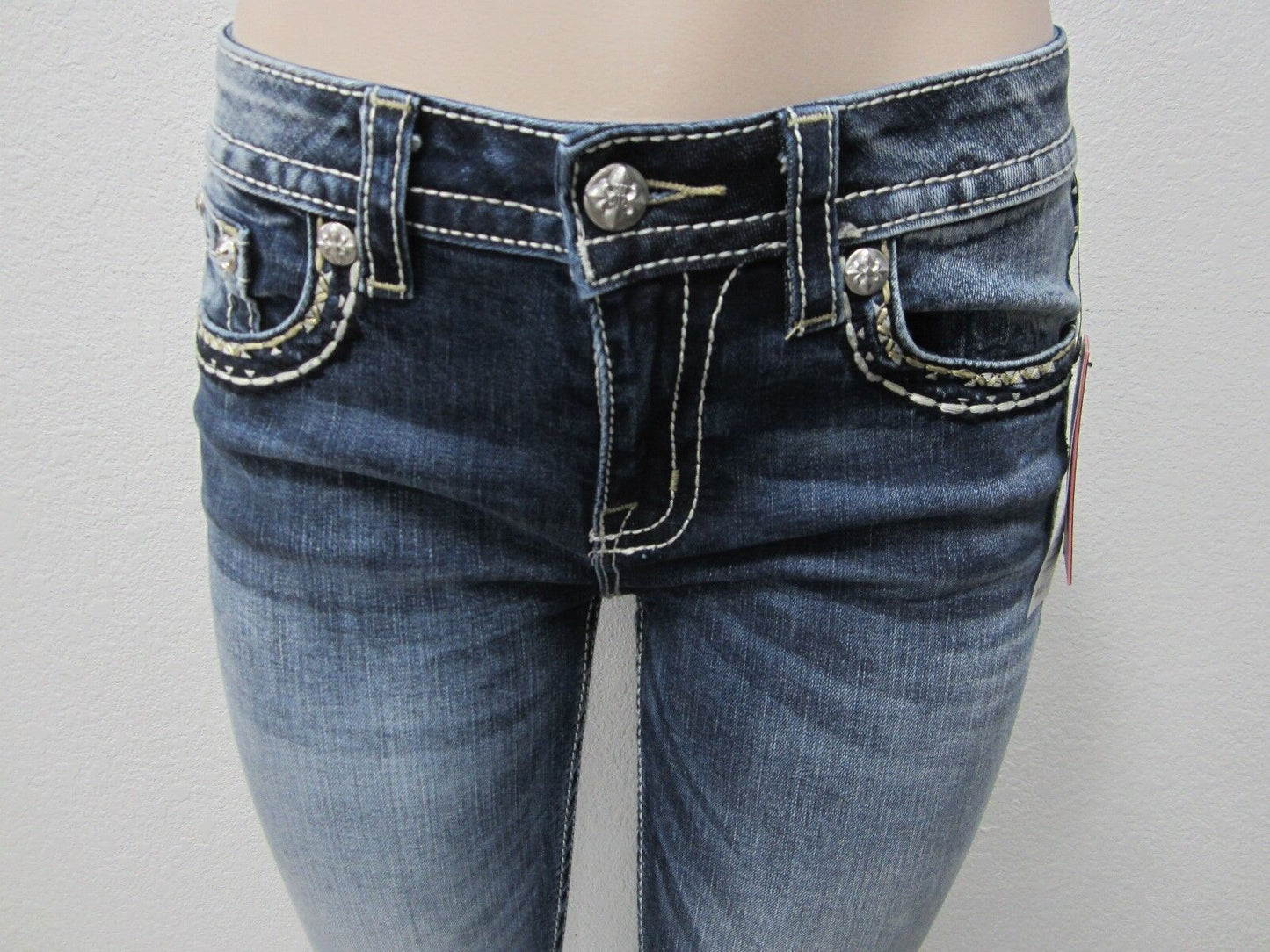 NWT MISS ME M5014S270 CuteSkinny Jeans Med Blue Gold Stitching Nice Size 27 x 30