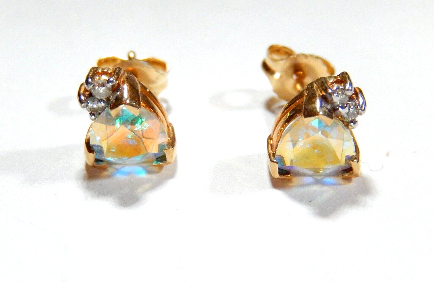 *VINTAGE* -  10k Yellow Gold Trillion  Mystic Topaz and Diamond Stud Earrings