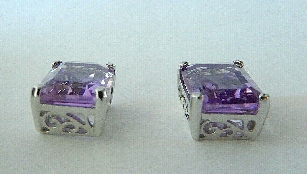10K White Gold 10mm x 8mm Emerald Cut 6CT Amethyst Earrings In Filigree Settings