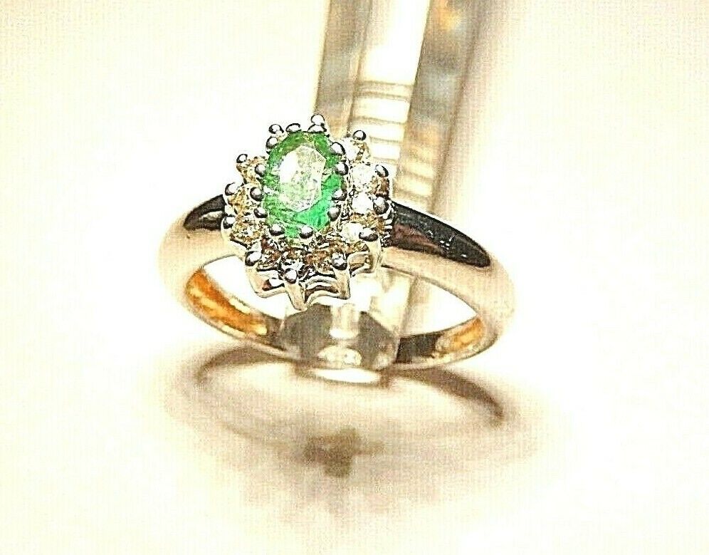 *VINTAGE*  14k White Gold .85CT Natural Emerald & Diamond Halo Ring Size 7.75