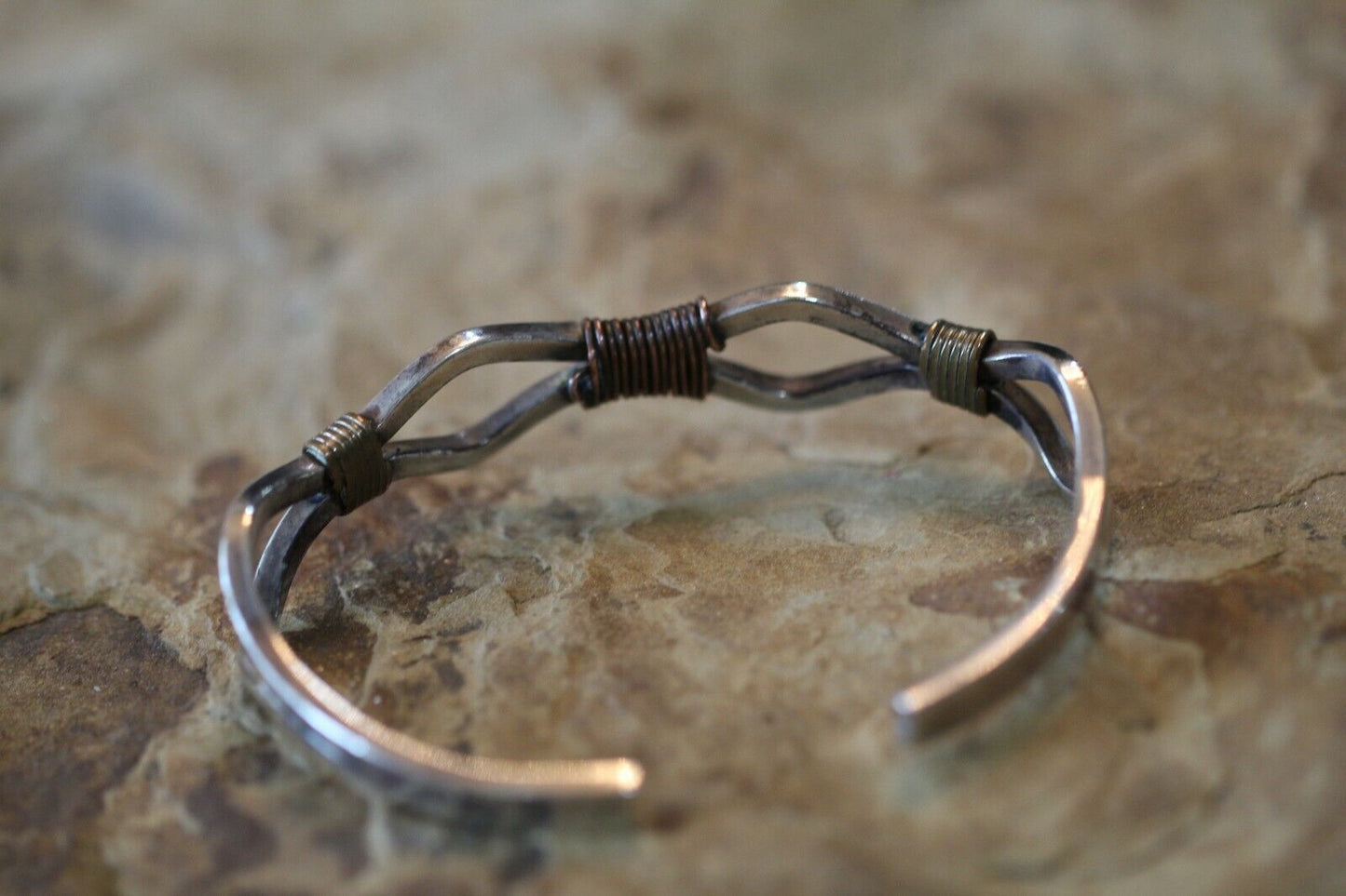 *VINTAGE*  Sterling Silver and Copper Wire Trim Cuff Bracelet Made By "IS"