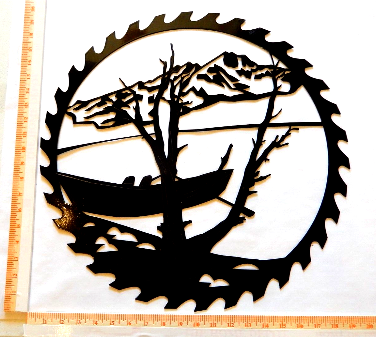 ~NEW~ 14ga. LARGE "BOAT & TREE SAWBLADE SCENE" Black Metal Wall Art -20"