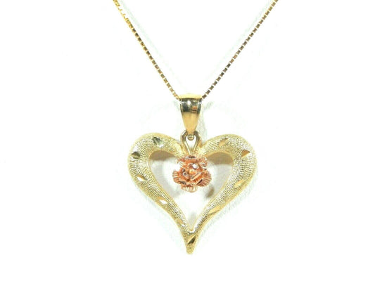 *NEW* 14K Yellow & Rose Gold TexturedDiamond Cut Heart Pendant w/ 18" 14K Chain