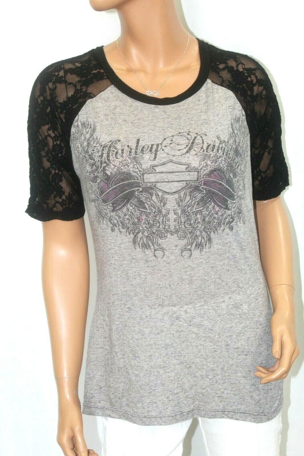 Harley Davidson Size S Womens Short Sleeve Rhinestone Logo Lace Sleeve T-Shirt