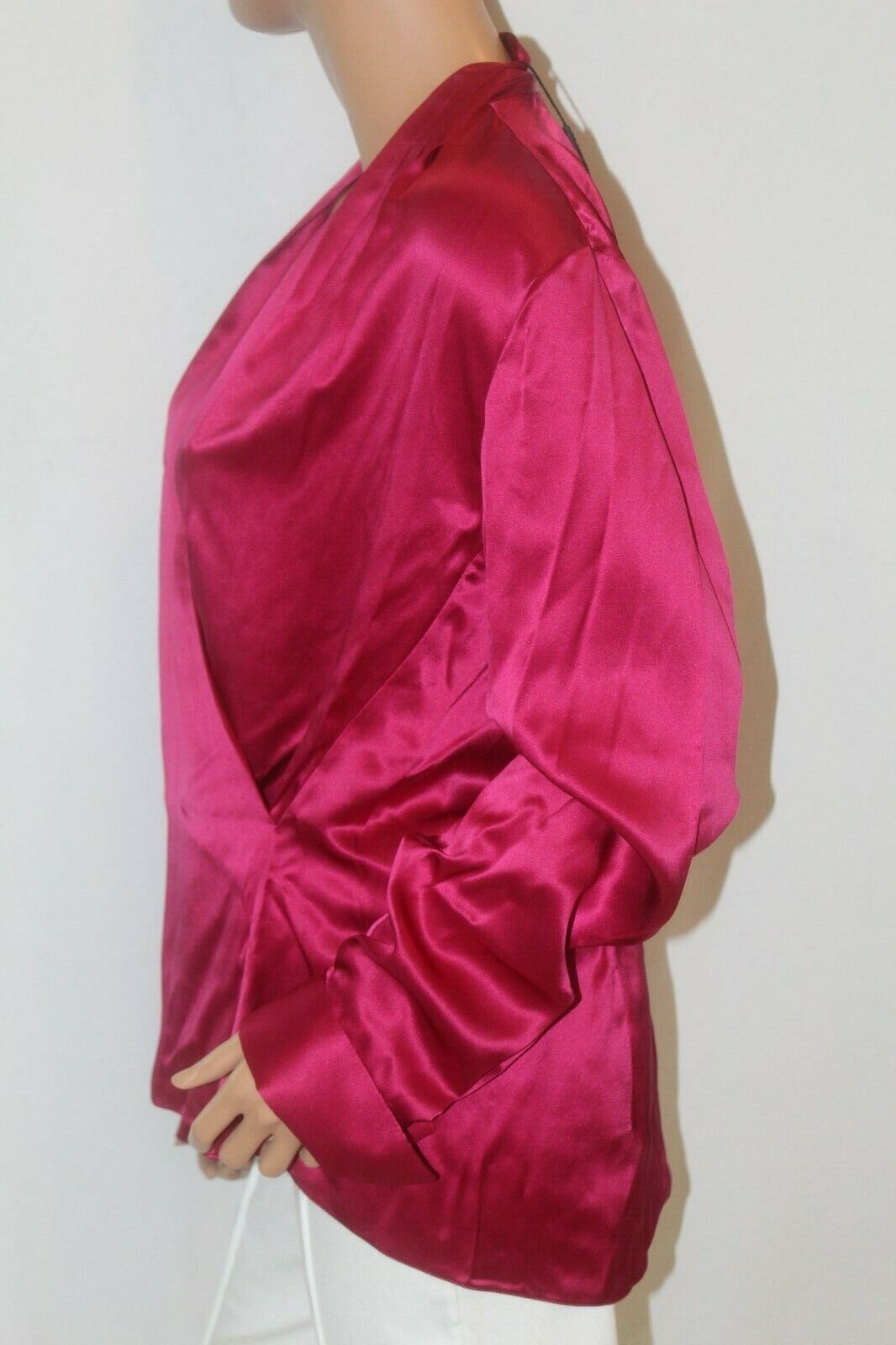 NWT $228. Elie Tahari  100% Silk Fuchsia Cross Front Side Zip Long Sleeve Blouse