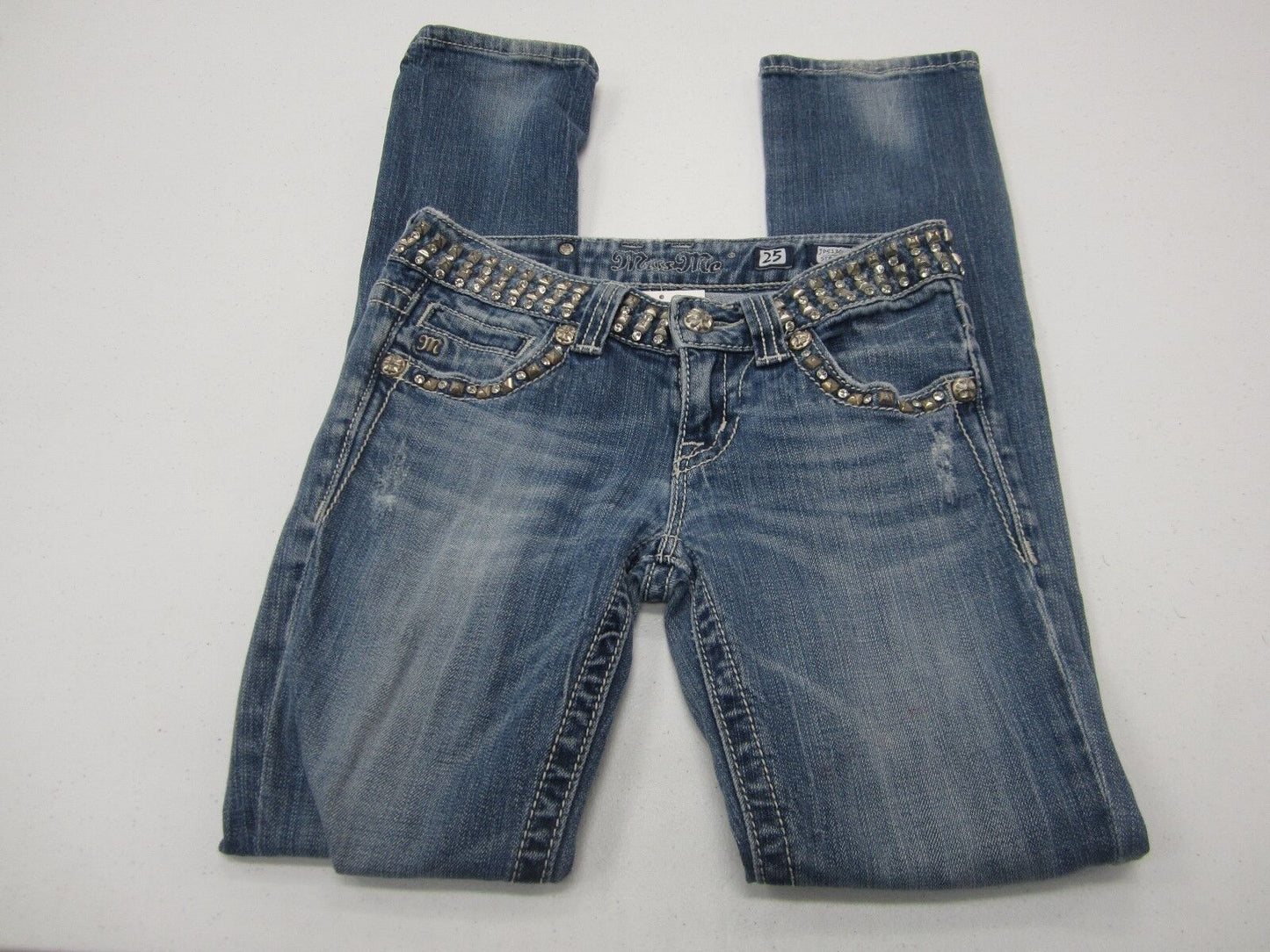 NICE Miss Me jeans JP5130STR  Straight Leg Studded Waistband Med Wash Sz 25 x 31