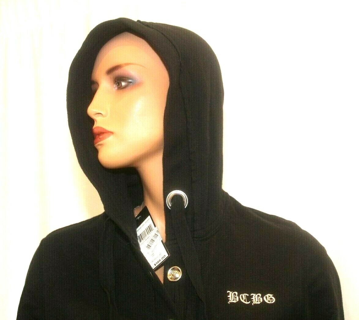 *NWT* $188. BCBG MAXAZRIA  Black Hoodie Womens  Large Snap Jacket Logo Hood Sz L