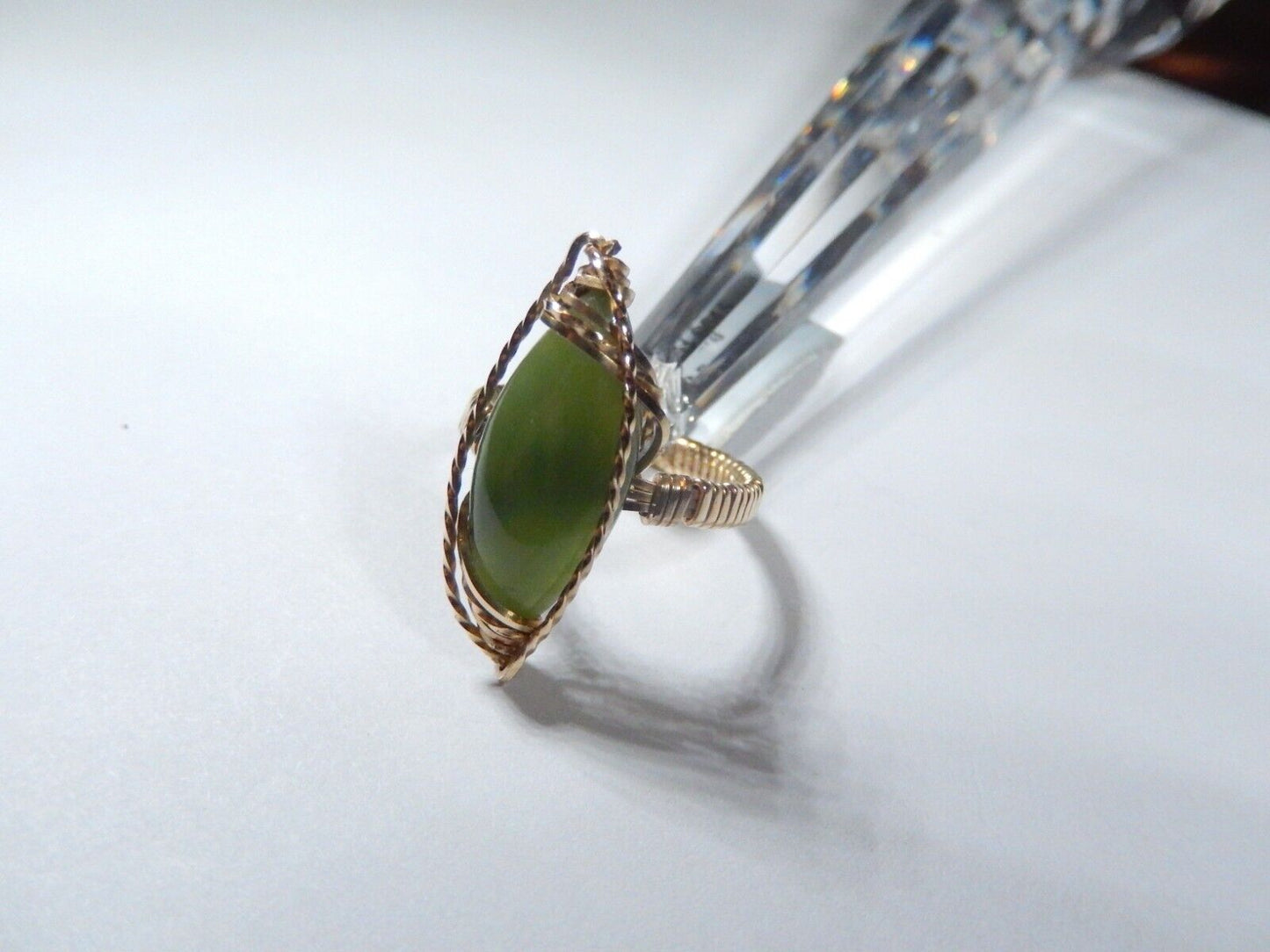 Vintage 18K Yellow Gold Vermeil .925 Green Jade Cabochon Marquise Cocktail Ring