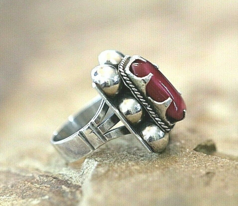 *VINTAGE* Large Native American 925 Sterling Silver Red Jasper Ring Size 7