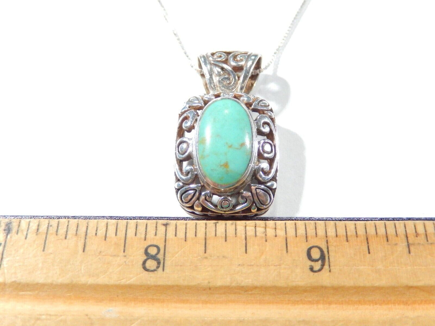 *VINTAGE*  Southwest 925 Sterling Silver 1.25" Turquoise Pendant w/18" Chain
